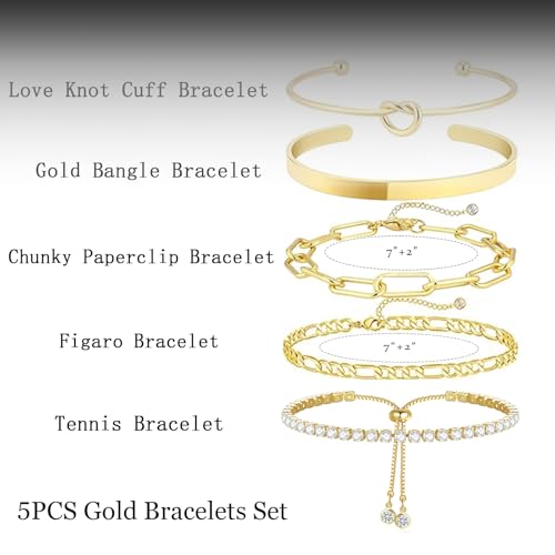 HERIER Gold Bracelets for Women 18k Gold Plated Bracelet Stack Bangle Cuff Bracelet Set for Women Non Tarnish Beaded/Paperclip/Cuban Link Chain Bracelets Jewelry for Women Trendy - style: Bangle Tennis5-Gold