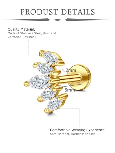 1pc 16G Cartilage Helix Tragus Earrings Jewelry Stainless Steel 6mm Earring Stud Flat & Ball Back Stud Earrings for Women - style: A -flat back, gold