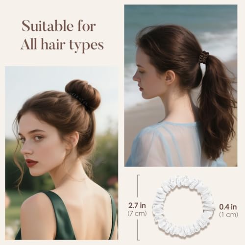 LULUSILK Small Silk Hair Ties No Damage, 100% Real Mulberry Silk, Skinny Scrunchies Ponytail Holders for Thin Fine Hair, White, Pack of 3 - color: White