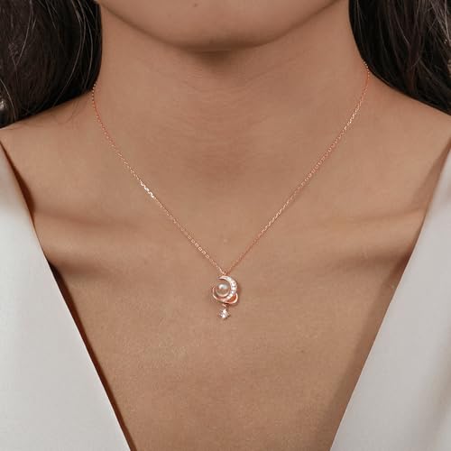 925 Sterling Silver Crescent Necklace Moon Star Pendant for Women | 14K Gold Plated Crystal Moon Necklace Dainty CZ Birthstone Ramadan Moonstone Necklace Birthday Jewelry for Mom Wife Daughter - color: Rose Gold