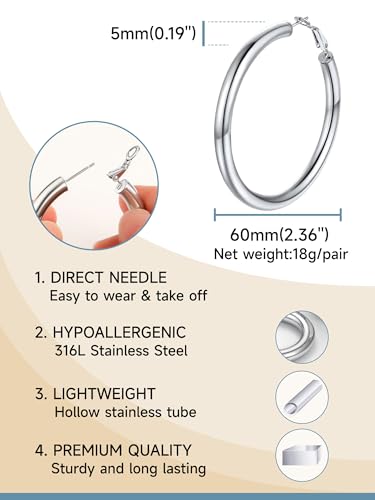 PROSTEEL Chunky Hoop Earrings for Women 14K Gold Plated/Black/Silver | 20/30/40/50/60/70/80mm Stainless Steel Thick Big Round Hoop with Waterproof and Non Tarnish Trendy Jewelry with Gift Box - color: 1. Silver, size: 60MM
