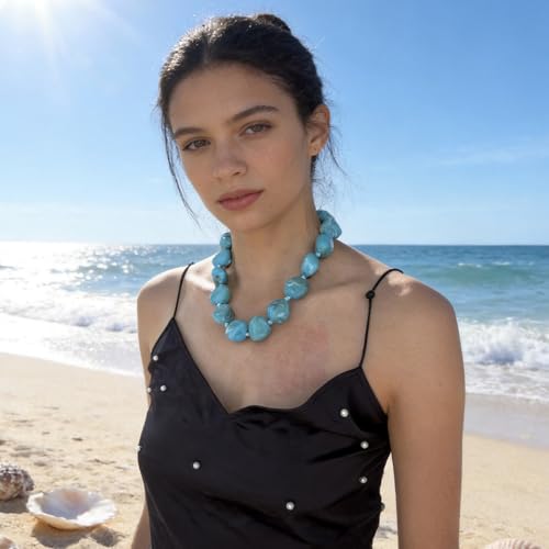 We We Chunky Colorful Beaded Necklace for Women Large Boho Statement Bead Chokers Necklaces Turquoise Blue Big Beads Jewelry Neck Summer Beach - color: big bead turquoise