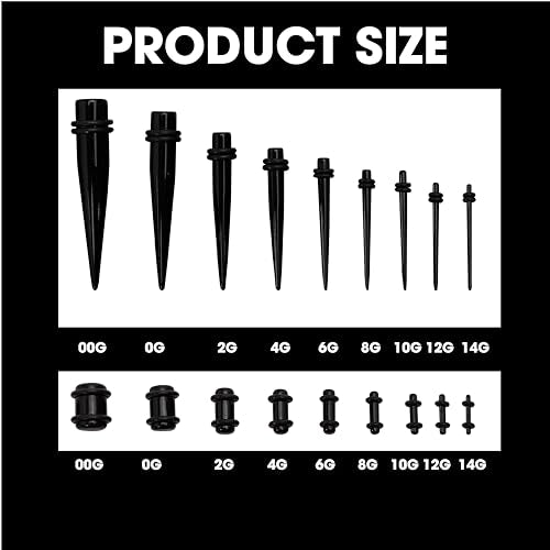 36pcs Ear Gauge Stretching Kit Silicone 14G-00G Gauges for Ears, Tapers, Tunnels & Plugs, Lightweight Acrylic Expanders, Body Piercing Jewelry Earring Gauging Set for Starter Beginner Men Women, Black