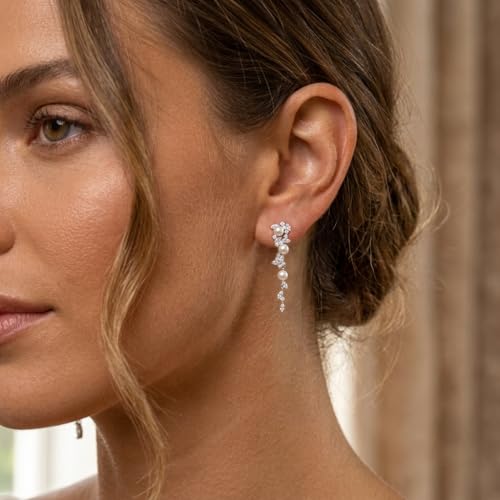 Sonateomber Gold Silver Pearl Rhinestone Dangle Earrings for Women, Elegant CZ Leaf Butterfly Bridal Earings Prom Wedding Fashion Jewelry Gift - color: Silver