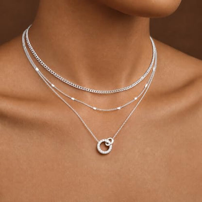 WomenGifts Layered Gold Necklaces for Women, 14K Gold Sterling Silver Plated Dainty Pendant Necklace Set Non Tarnish, Chunky Stackable Cuban Chain Choker, Trendy Birthstone Vacation Jewelry Gift - color: Silver, style: Double Circle