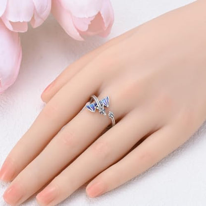 Hapour Adjustable Dinosaur Rings for Women S925 Sterling Silver Stackable Open Eternity Band Wing Dino Rings - color: A