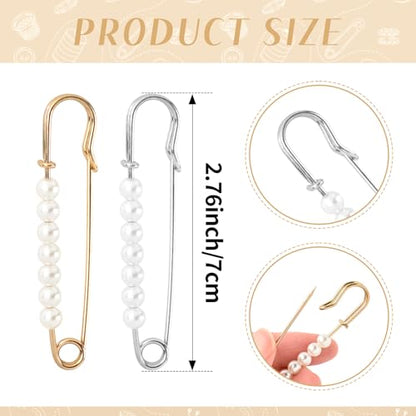 Faux Pearl Safety Pins, 10pcs 2.76inch Sweater Shawl Clip Brooch Pins with 7pcs Pearl Beads for Women Clothing Dress Pants Skirt Waist Pants Extender Dressing Accessories (Gold and Silver)