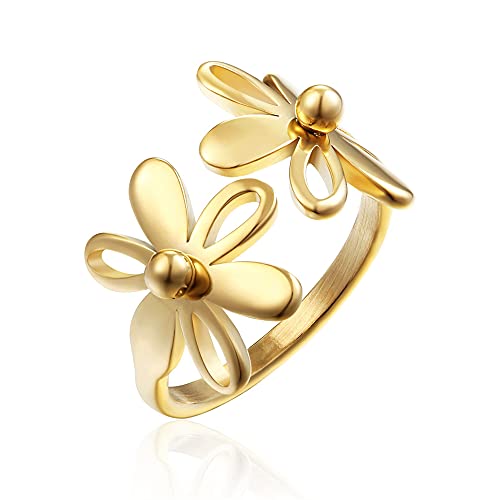Asymmetric Sunflower Stainless Steel Wrap Open Rings for Women Cute Daisy Flowers Adjustable Statement Promise Engagement Finger Knuckle Rings Fashion Dainty Expandable Rings Christmas Thanksgiving Day Gifts - color: Stainless Steel