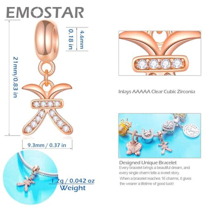 EMOSTAR Zodiac Sign Charms fits European Charm Bracelet – Rose Gold 925 Sterling Silver Necklace Pendant, 12 Horoscope Constellation Dangle CZ Birthstone Beads, Gifts for Women/Men/Birthday - color: Pisces (2.19 – 3.20)