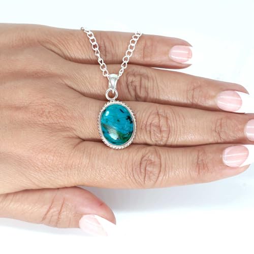 Chunky Natural Gemstone Pendant Necklace For Women Onyx, Turquoise, Amber, Garnet Oval Boho Genuine 925 Sterling Silver Handmade Jewelry - color: Chrysocolla