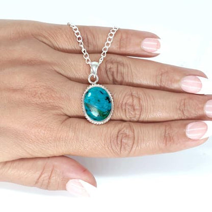 Chunky Natural Gemstone Pendant Necklace For Women Onyx, Turquoise, Amber, Garnet Oval Boho Genuine 925 Sterling Silver Handmade Jewelry - color: Chrysocolla