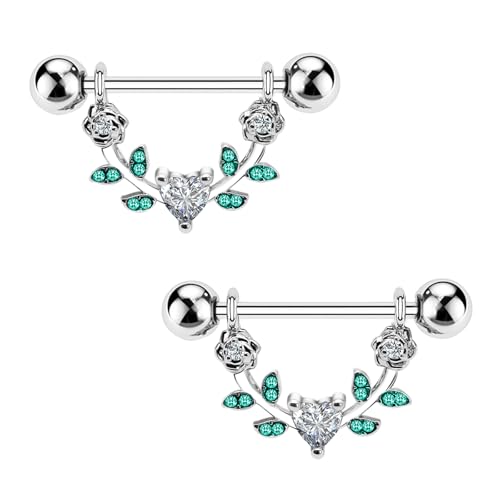 2pcs 14G Nipple Rings Flower Nipple Bars Surgial Steel 316L Nipple Piercing Jewelry Heart Nipple Barbell for Women - color: white h