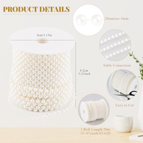 5mm Pearl Beads 66 Feet Pearls String Garland Roll Strand Ivory | Artificial Beads Chain for Wedding Centerpiece Backdrop Christmas Tree Decoration DIY - size: 5mm/20.1m
