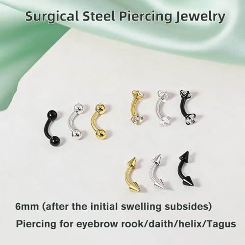 9PCS Gold Eyebrow Piercing Jewelry Titanium, Rook Jewelry Gold Surgical Steel Silver Eyebrow Rings for Women Men CZ Tiny Labret Lip Daith Navel Belly Button Helix Tragus Piercing Jewelry 16G 6mm/8mm/10mm - style: Eyebrow-6mm-9pcs