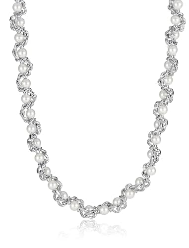 Pearl Chain Necklace for Women, Valentine's Day Mother's Day Jewelry Gifts for Her, White Silver Gold Plated Stainless Steel Link Faux Beads, Bridal Wedding Anniversary Birthday Christmas