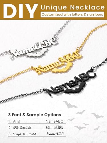 GoldChic JEWELRY Name Necklace Personalized for Men, Womens Custom Name Plate Chain, Stainless Steel Customized Old English Nameplate Choker with Curb Chains Custom, 16 inches to 30 inches - color: Rolo Chain(1.8 mm)&Bat-Black