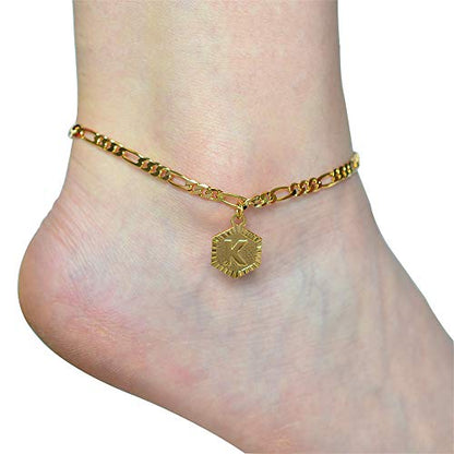 kelistom Initial Ankle Bracelets for Women Men, 18K Gold Plated Figaro Cuban Link Anklet Bracelet for Women Custom Name Gold Anklet with Initials
