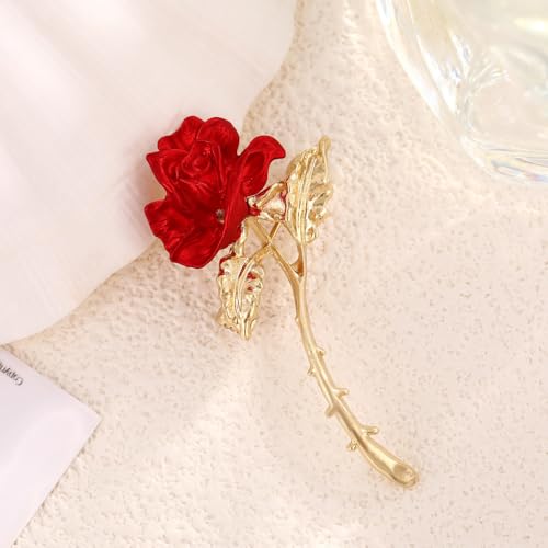 Rose Flower Brooch Pin for Women Fashion Dainty Gold Plated 3D Red Roses Floral Crystal Brooch Pin Birthday Dress Suit Accessories Jewelry - style: Long Rose