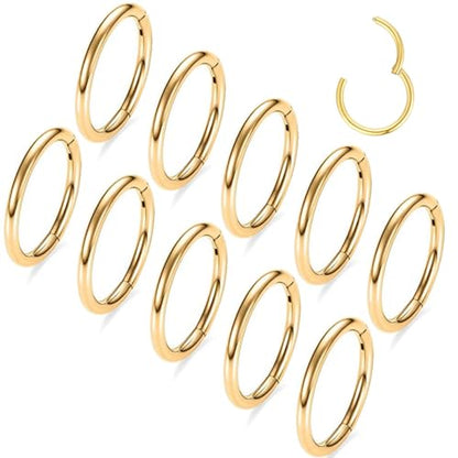 MOQIKAKA16G 18G 20G Surgical Steel Nose Septum Rings Hoops - Stainless Steel Hinged Clicker Segment Nose Rings Hoop Helix Cartilage Daith Tragus Sleeper Earrings, Ear Plugs Tunnels Gauges - color: Classic Gold 10PCS, size: 16g 6mm