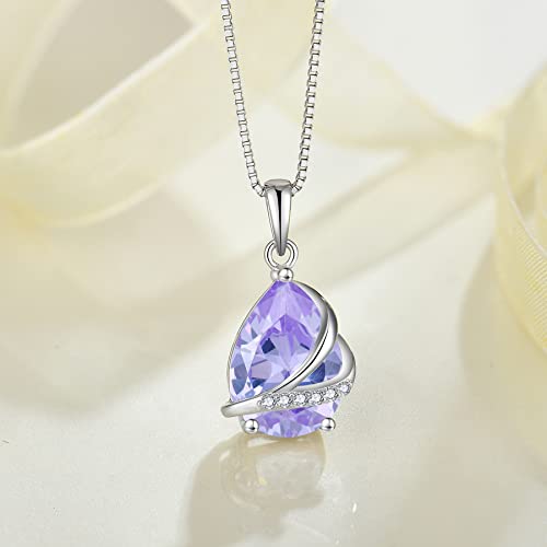 Birthstone Pendant Necklace 925 Sterling Silver Teardrop Jewelry for Women - color: Light Lavender