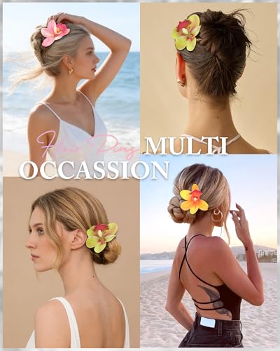 WELROG 3-Pcs Metal Hawaiian Orchid Hair Pins, Non-Slip Stick for Beach Updo | Tropical Flower Vibes,Weddings and Vacations - color: Yellow+Pink+Greem