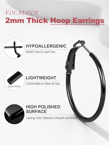 FOCALOOK 14K Gold Plated Lightweight Large Hoops| 2mm Thin Hoop Earrings for Women 30/40/50/70/100mm - color: 01.Black, size: 30mm