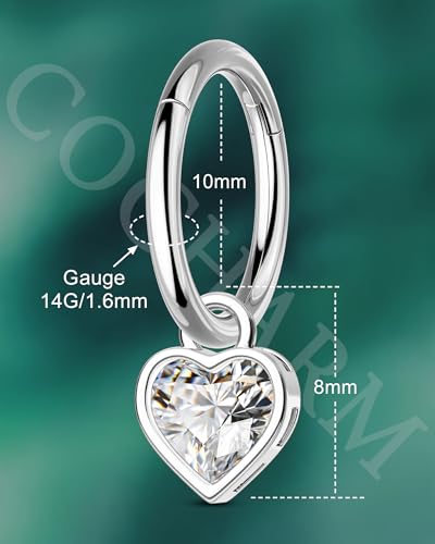 Clicker Belly Button Rings 14G Heart Dangle Belly Navel Rings for Women Surgical Steel Navel Belly Button Piercing Jewelry - color: WG-10MM