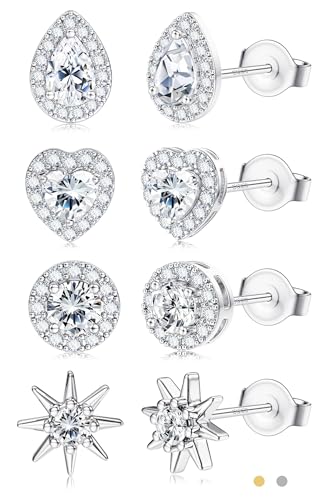 SAILIMUE Hypoallergenic Sterling Silver Stud Earrings for Women Men | Brilliant Heart Knot Round Cubic Zirconia Earring Studs for Sensitive Ears Gold Silver Tone - color: silver-B