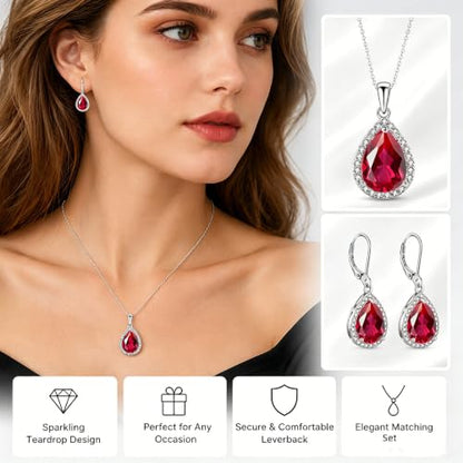 VONSSY Classic Oval Pendant Gemstone Necklace | Crystal Ruby Sapphire Waterdrop Birthstone Teardrop Emerald Necklace | 18K Platinum Gold Plated Chain | Jewelry Gift for Mother Wife Girlfriend - color: NL & ER - Red