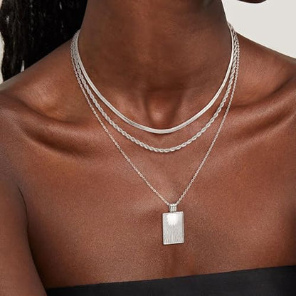 CHESKY Layered Silver Necklace for Women Trendy,Dainty Silver Plated Stackable Charm Necklace Layering Paperclip Tennis Rope Chain CZ Pendant Jewelry Set Gifts - style: Square