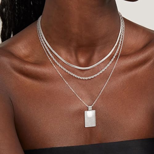 CHESKY Layered Silver Necklace for Women Trendy,Dainty Silver Plated Stackable Charm Necklace Layering Paperclip Tennis Rope Chain CZ Pendant Jewelry Set Gifts - style: Square