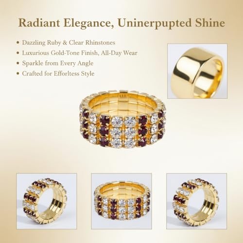 Sparkling Rhinestone Ring Set Trendy Elastic Rhinestone Crystal Stretch Ring Stackable Jewelry for Women Girls - color: 3 Rows Ring-Golden+White+Red