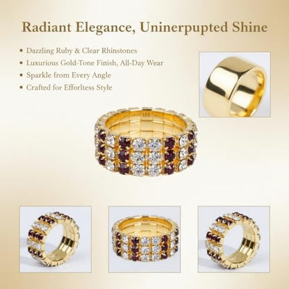 Sparkling Rhinestone Ring Set Trendy Elastic Rhinestone Crystal Stretch Ring Stackable Jewelry for Women Girls - color: 3 Rows Ring-Golden+White+Red
