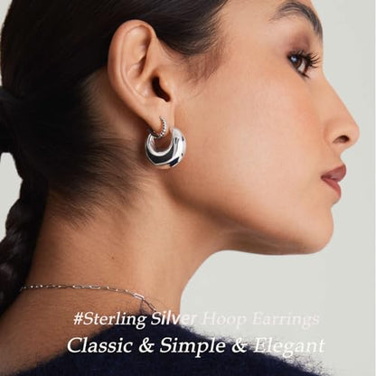 PABBEU Chunky Silver Hoops Earrings for Women Hypoallergenic | Lightweight 925 Sterling Silver Oval Hoop Earring, Sterling Silver Thick Hoop Earrings for Women Gift 25/28/30/38/40mm - color: 25mm Silver