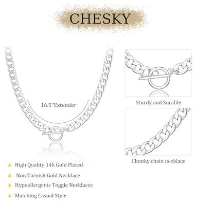 CHESKY 14K Gold Plated Chunky Necklace for Women, Trendy Toggle Clasp | Statement Pendant Necklace, Layered Paperclip Chain, Toggle Clasp Design, Thick Gold Chain, Non Tarnish Everyday Jewelry - color: silver, style: cuban