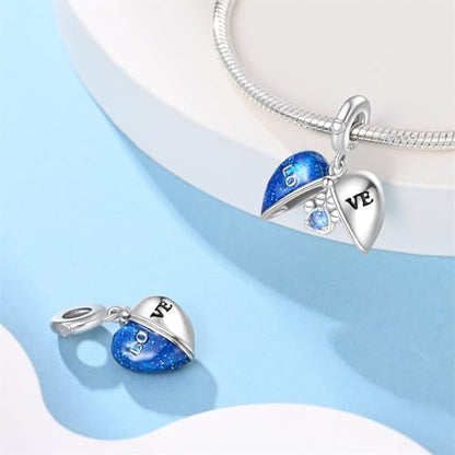 LNQOBU 925 Sterling Silver Charms for Bracelets Dangle Pendant fit Pandora Bracelets or Necklaces Jewelry Woman Gift Beads Charm (With one Spacer Beads) - style: Blue Heart Pendant Charm