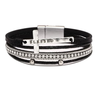 Religious Cross Engraved Blessed Leather Wrap Match Strand Bracelet for Women Multi-Layer Boho Beaded Cuff Bangle Bracelet Christian Jewelry - color: Black