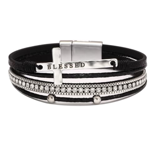 Religious Cross Engraved Blessed Leather Wrap Match Strand Bracelet for Women Multi-Layer Boho Beaded Cuff Bangle Bracelet Christian Jewelry - color: Black