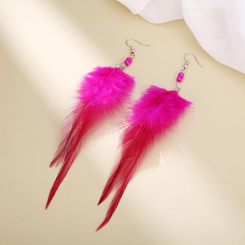 RUOFFETA Long Feather Earrings for Women, Boho Bohemian Earrings Multicolor Tassel Handmade Feather Earrings for Women Dangling - style: M-Hot Pink