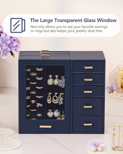 Homde Large Jewelry Box/Organizer/Case with Glass Window, Drawers for Necklaces Earrings Rings Bracelets Watches Gift for Women Girls - color: Dark Blue