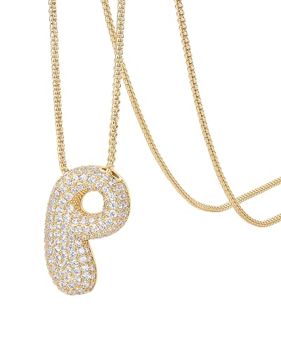 PAVOI 14K Gold Plated Cubic Zirconia Bubble Letter Initial Necklaces for Women | Gold Balloon Necklace Letter | Chunky Pendant Necklaces - style: -P