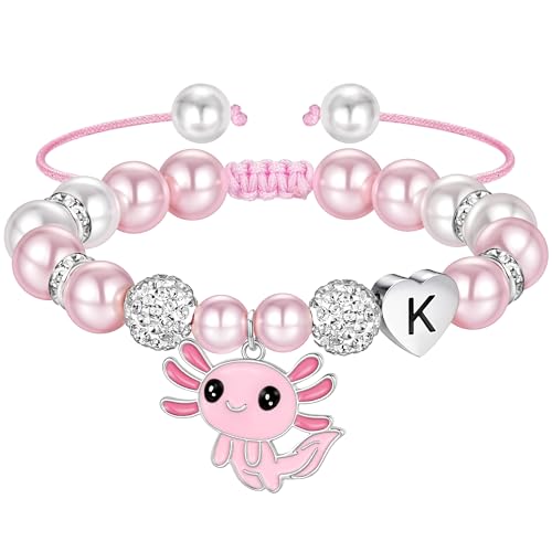 Ritach Graduation Gift fo Her - Cute Axolotl Heart Initial Bracelet CZ Rhinestone Beads and Pink White Pearl Bracelets for Girls Teen Kids Axolotl Graduation Gift for Her Girls Kids Axolotl Lovers - style: K