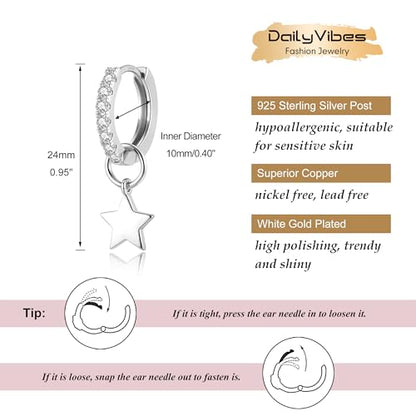DAILY VIBES Cute Butterfly Star Cross Heart CZ Dangle Earrings for Women | 925 Sterling Silver Post, 14K Gold or Silver Plated, Mini Cubic Zirconia Dainty Drop, Cartilage Small Huggie Hoop Earrings - color: Silver Mini Star