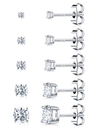 5 Pairs Moissanite Sterling Silver Stud Earrings Set for Women, Hypoallergenic, 2mm, 3mm, 4mm, 5mm - color: 18K White Gold
