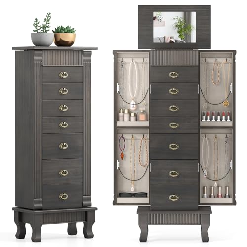 Giantex Standing Jewelry Cabinet with 7 Drawers, Flip-Top Mirror, 2 Side Doors with 12 Necklace Hooks, Divided Ring Compartments, Velvet-Lined Jewelry Armoire Organizer Chest (Weathered Gray) - color: Weathered Gray