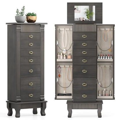 Giantex Standing Jewelry Cabinet with 7 Drawers, Flip-Top Mirror, 2 Side Doors with 12 Necklace Hooks, Divided Ring Compartments, Velvet-Lined Jewelry Armoire Organizer Chest (Weathered Gray) - color: Weathered Gray