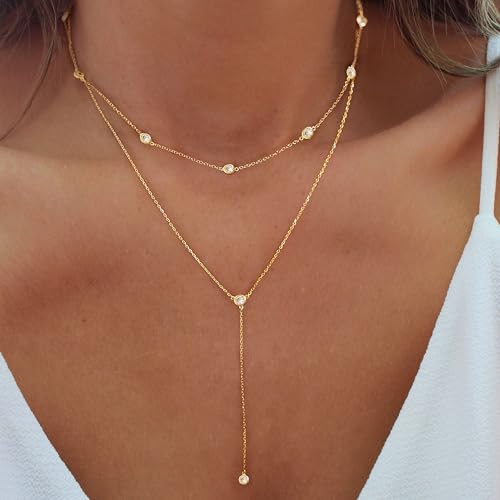 Layered Necklaces for Women,Dainty 14K Gold Plated Long Lariat Necklace Stack Simple Chain Pendant Necklace Fashion Accessories Long Necklaces for Women Trendy Gold Jewelry - color: Double CZ