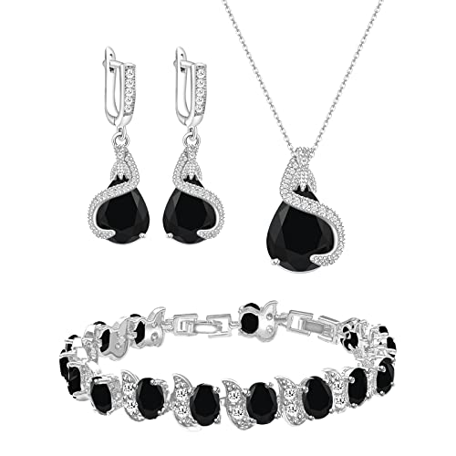GZWHD Jewelry Set for Women Water Drop Cubic Zirconia Artificial Crystal Earrings Pendant Necklace Open Ring Tennis Bracelet Wedding Anniversary Birthday Engagement Gift for Bridesmaid Wife Girlfriend Friend - color: Black-No Ring