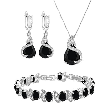 GZWHD Jewelry Set for Women Water Drop Cubic Zirconia Artificial Crystal Earrings Pendant Necklace Open Ring Tennis Bracelet Wedding Anniversary Birthday Engagement Gift for Bridesmaid Wife Girlfriend Friend - color: Black-No Ring