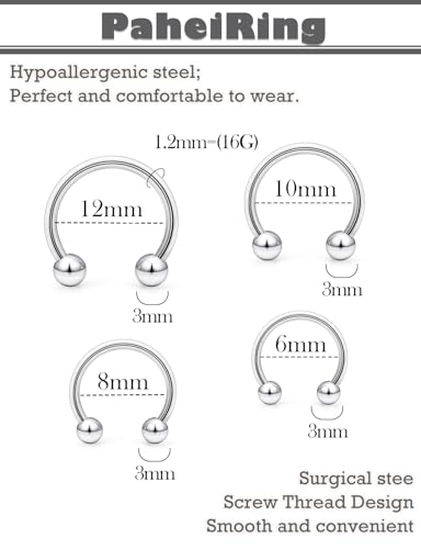16G 316L Surgical Steel Horseshoe Septum Rings, 6/8/10/12 External Thread with Balls & Tool (17PCS) Nose Cartilage Lip Jewelry - color: Horseshoe Ring 6-12mm